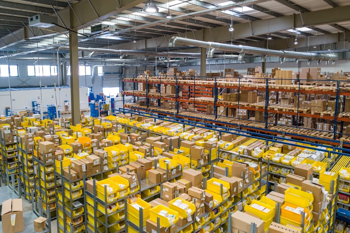 Warehouse freight operation with pallets and staging area
